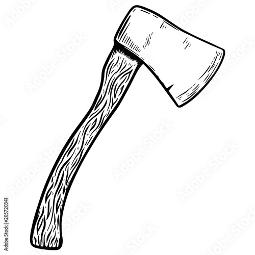 Hatchet illustration on white background. Design elements for poster, emblem, sign.