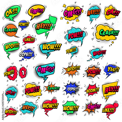 Big set of comic style speech bubbles with sound text effects.Design elements for poster, t shirt, banner.