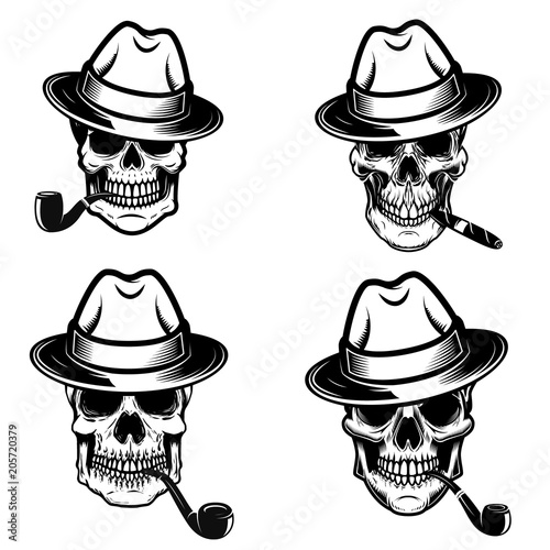 Set of skulls of smokers. Design elements for logo, label, emblem, sign, poster.