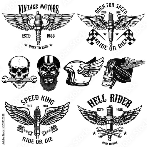 Set of biker emblems with winged spark plugs. Racer skull. Design element for poster, card, logo, emblem, sign.