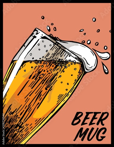 Vector image of one mug of beer. Drink with a lot of foam. Beer glass.