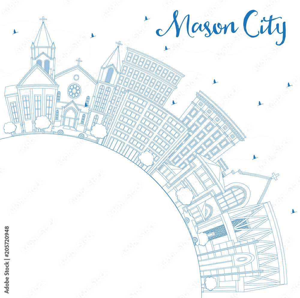 Outline Mason City Iowa Skyline with Blue Buildings and Copy Space.