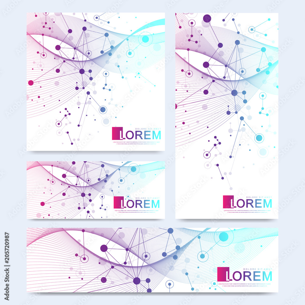 Abstract vector set of modern website banners. Scientific cybernetics background with dynamic linear waves. Molecule and communication background. Graphic background for your design
