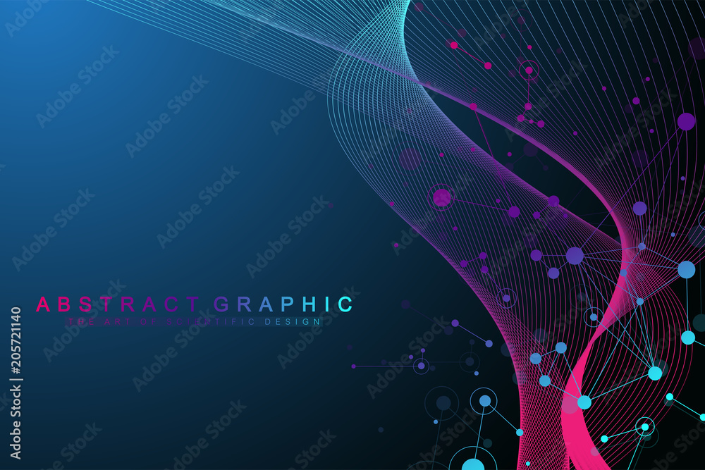 Geometric abstract background with connected lines and dots. Wave flow. Molecule and communication background. Graphic background for your design. Vector illustration.