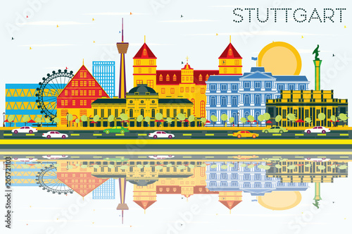 Stuttgart Germany Skyline with Color Buildings, Blue Sky and Reflections.