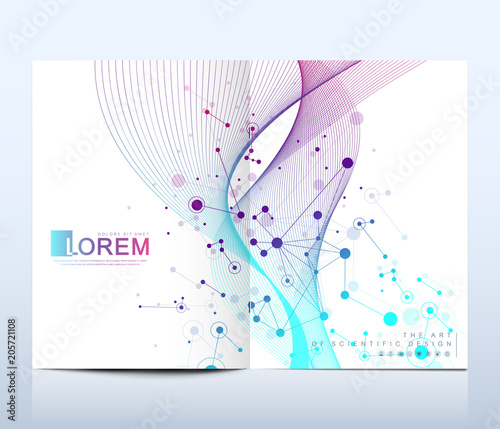 Modern vector template for brochure, leaflet, flyer, cover, catalog in A4 size. DNA helix, DNA strand, molecule or atom, neurons. Abstract structure for Science or medical background.