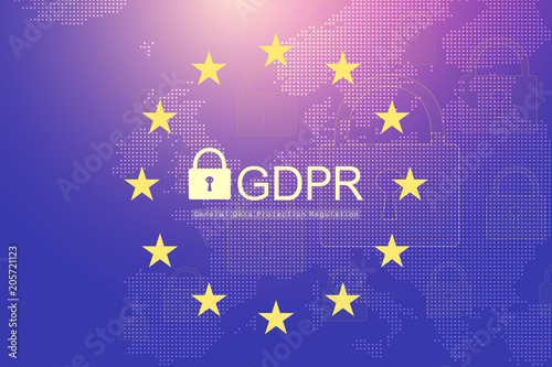 GDPR - General Data Protection Regulation. Dotted Europe map and flag. Protection of personal data. Vector illustration