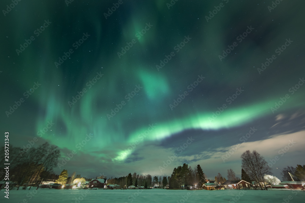 north light aurora on night sky at swedish countryside, north of country, village