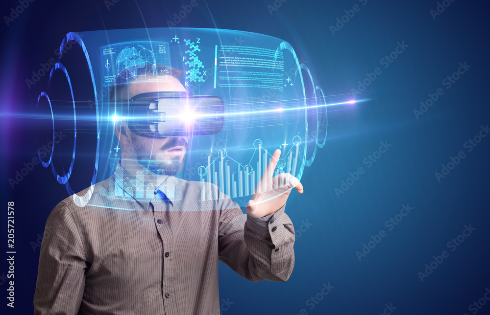 Amazed businessman with high tech 3D projection in front of him Amazed businessman with high tech 3D projection in front of him