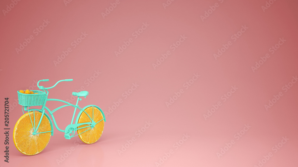 Turquoise bike with sliced orange wheels, healthy lifestyle concept with pink pastel background copy space