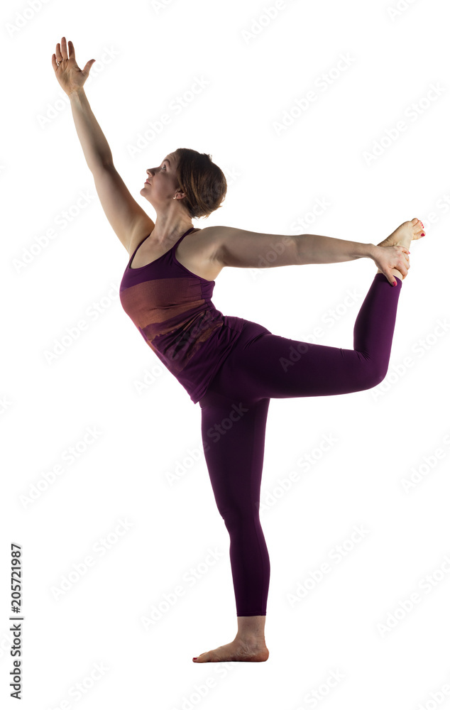 Woman in Nataradjasana Dancer pose on white