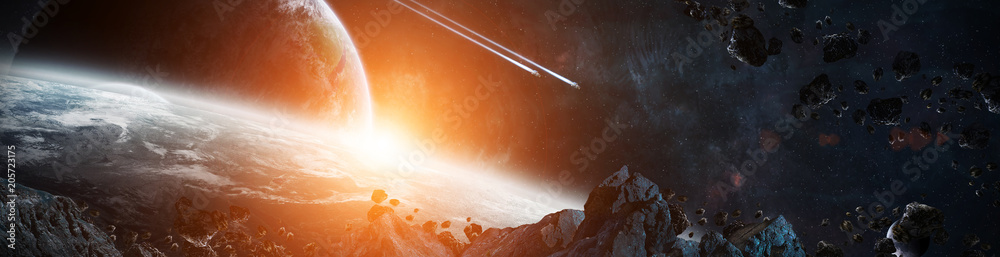 Obraz premium Panorama odległego systemu planet w przestrzeni Elementy renderowania 3D tego obrazu dostarczone przez NASA
