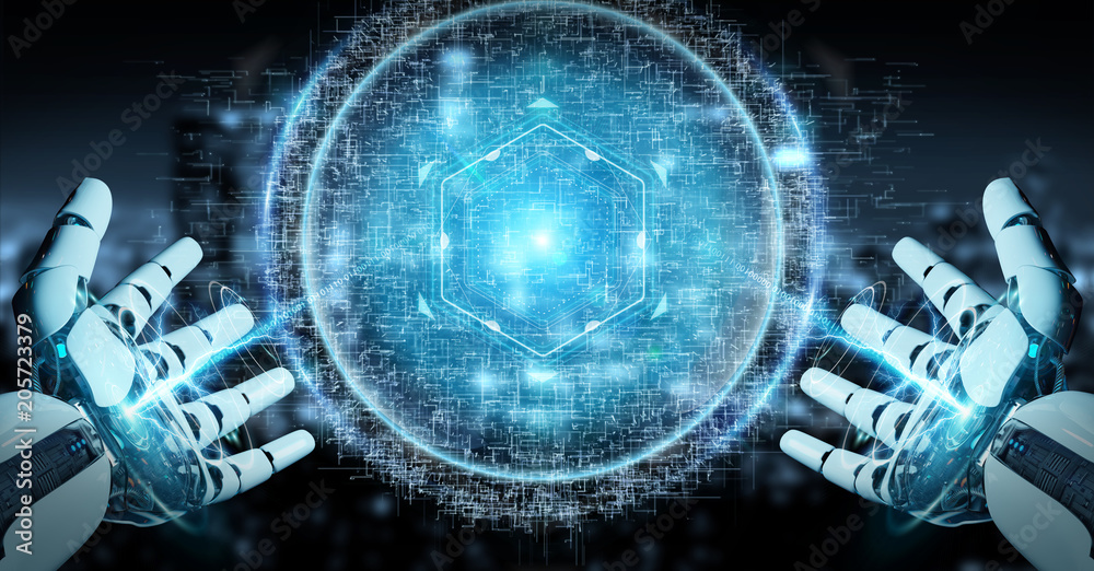 Naklejka premium White robot hand using digital sphere connection hologram 3D rendering