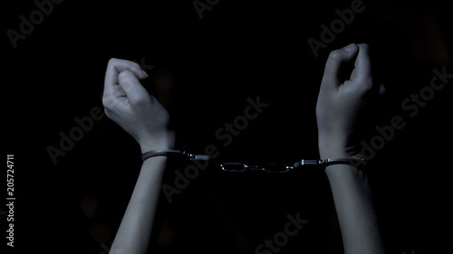 Handcuffed victim of serial killer trying to break free, violence and hostage