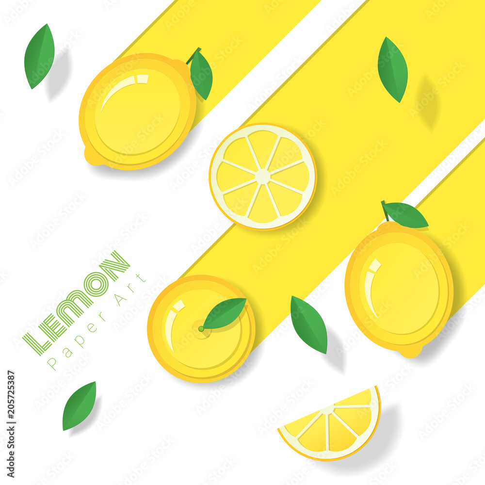 Fototapeta Fresh lemon fruit background in paper art style , vector , illustration