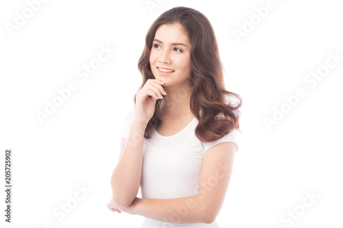 half asian woman smiling on white background