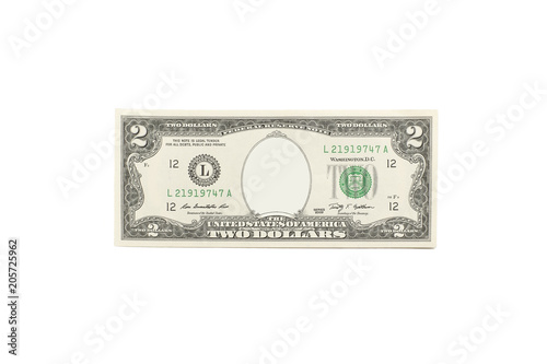 Two dollar bill with Thomas Jefferson portrait removed.