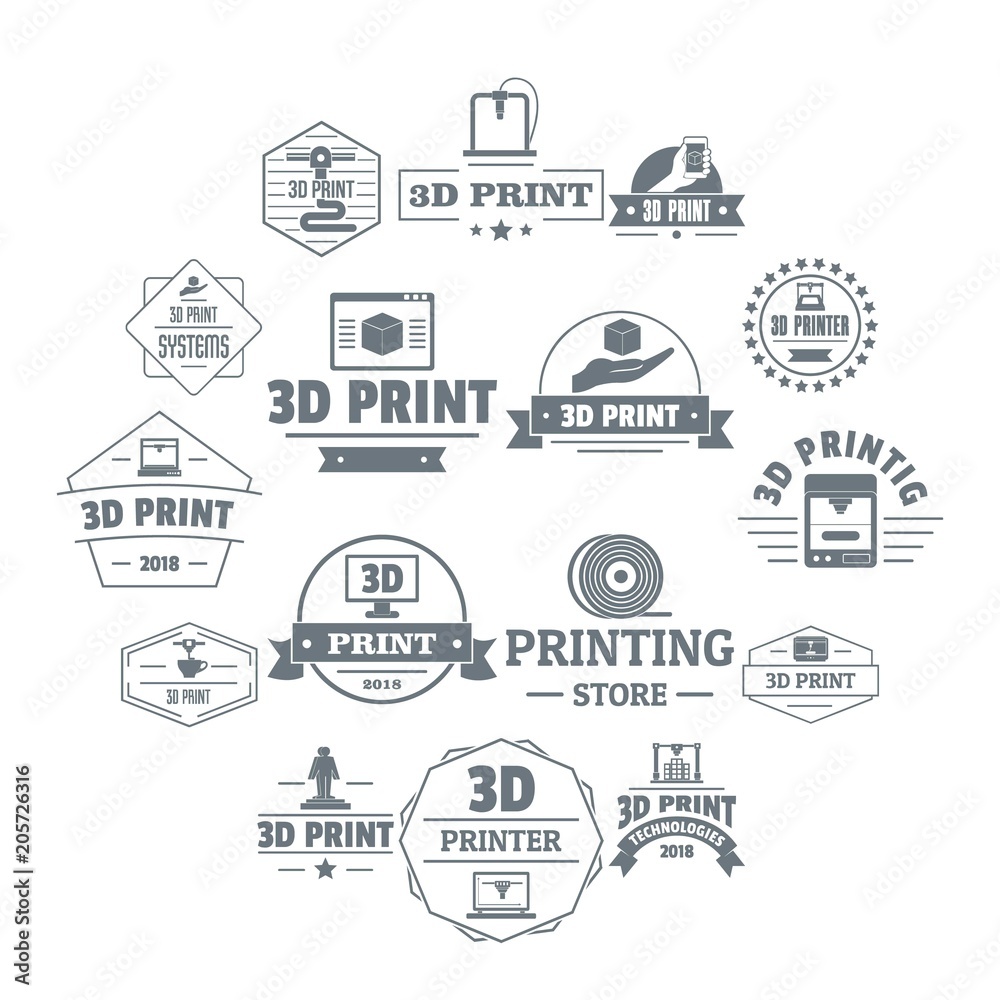 3d printing logo icons set. Simple illustration of 16 3d printing logo vector icons for web