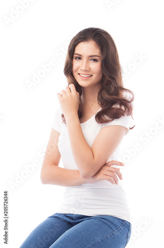 half asian woman smiling on white background