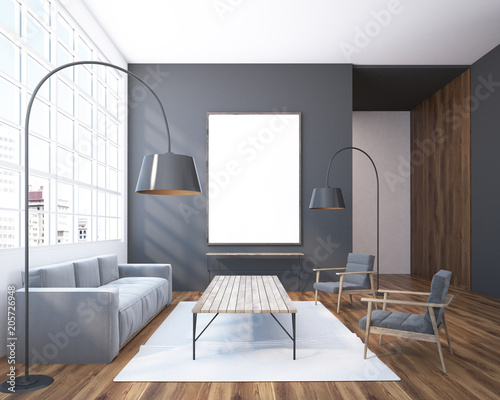 Gray living room with sofa and poster