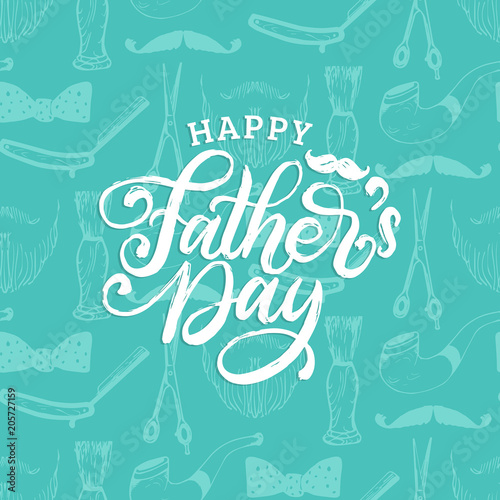 Happy Fathers Day  hand lettering on seamless pattern background. Vector calligraphy for greeting card  poster etc.