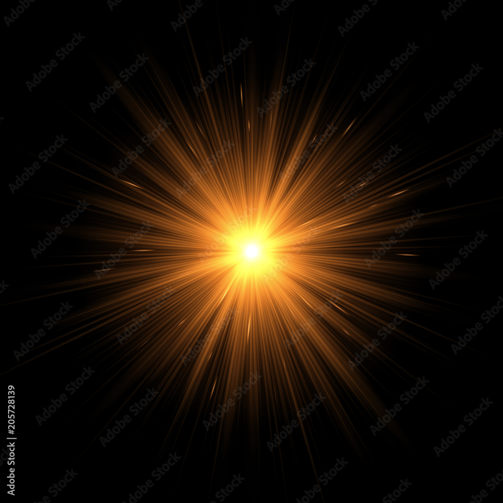 Colorful light flash on a black background. Festive blazing golden star. Vector illustration