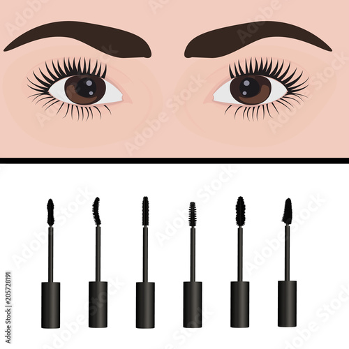 A girl's eyes and  types of  mascara vector illustration. Set of mascara