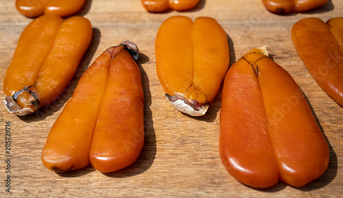 Karasumi mullet roe drying outside in Taiwan photo