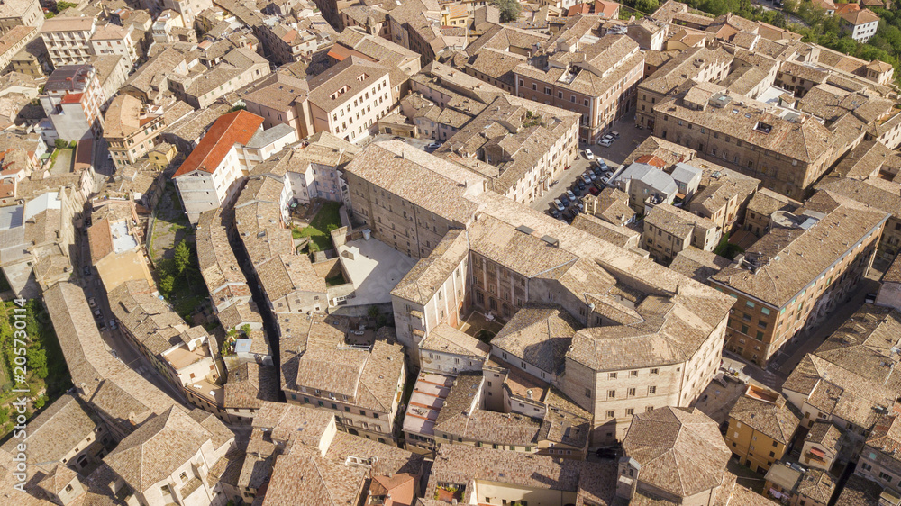 Aerial view of the municipality of Osimo, in the province of Ancona, in the Marche region, in Italy. The historic center, located on the highest hill of the city, called Gòmero, is a mountain tourist.