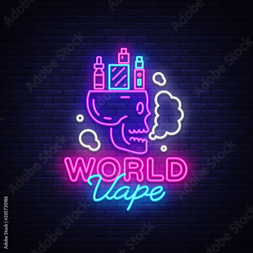 Logo electronic cigarette in neon style. Vape Shop Neon Sign, World Vape Concept with Skull, Emblem, Bright Night Signboard, Neon Advertising Electronic Cigarettes. Vector illustration