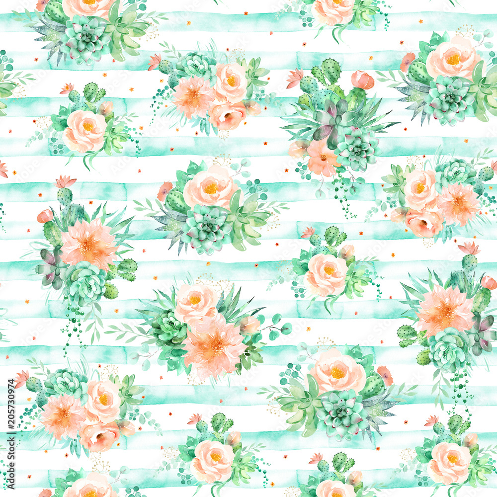 Watercolor seamless pattern with flowers, succulents and cactus bouquets on the striped background