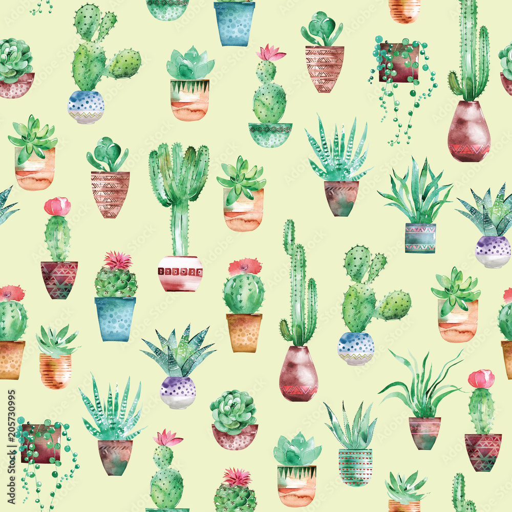 Watercolor seamless pattern with succulents and cactus in the pots on light green background Watercolor seamless pattern with succulents and cactus in the pots on light green background