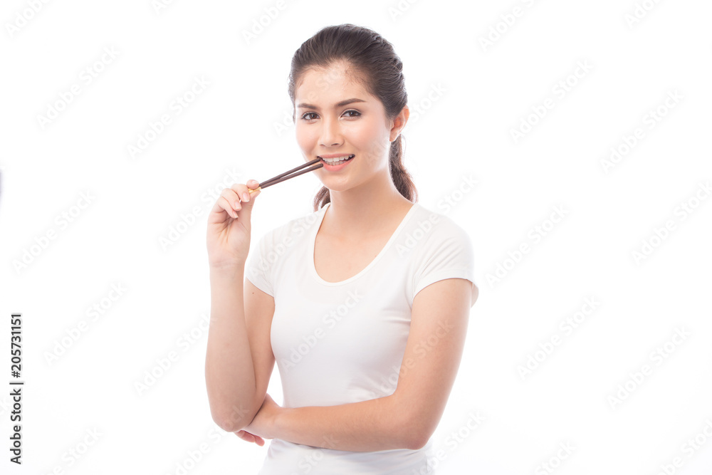 half asian woman eating snack on white background