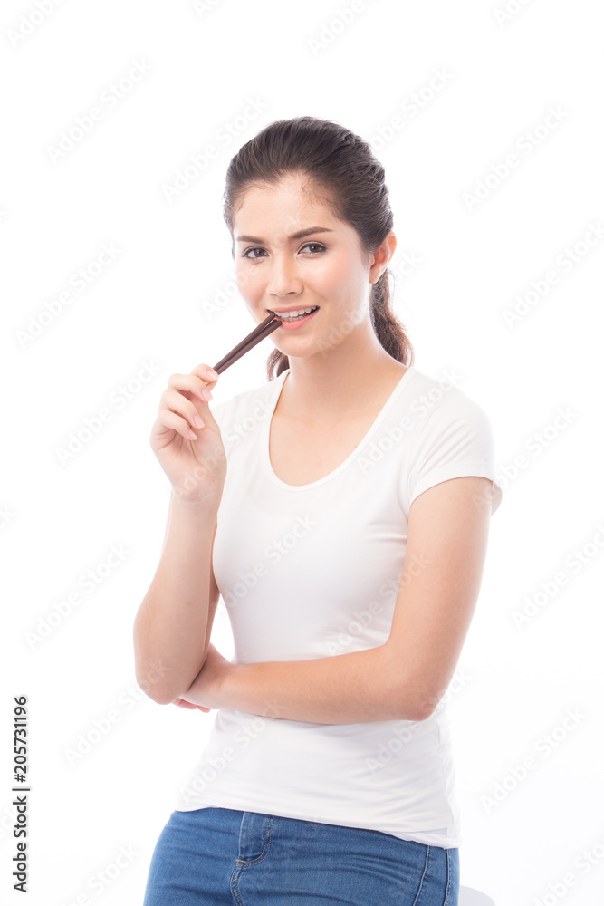 half asian woman eating snack on white background half asian woman eating snack on white background