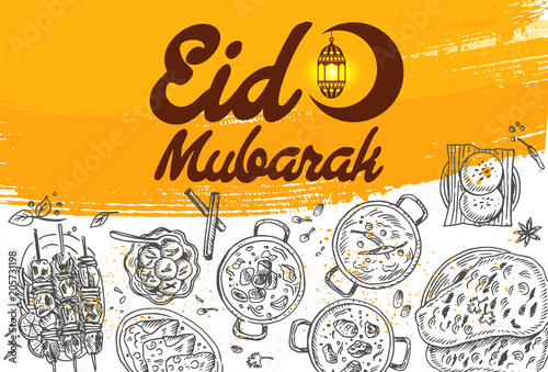 Hand drawn food and Eid Mubarak Calligraphy with crescent moon and lantern, vector