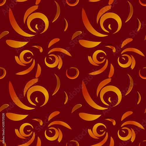 Fototapeta Naklejka Na Ścianę i Meble -  Vector pattern of red doodles and curls in floral ornament in ethnic style on claret background.