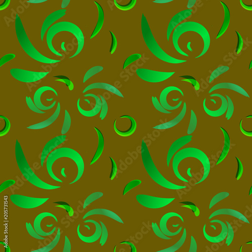 Vector pattern of green doodles and curls in floral ornament in ethnic style on an olive background.