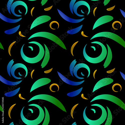 Vector pattern of colored doodles and curls in floral ornament in ethnic style on a black background.