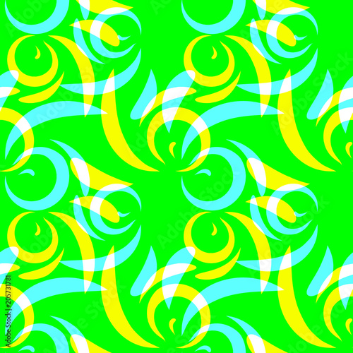 Fototapeta Naklejka Na Ścianę i Meble -  Vector pattern of yellow and blue doodles and curls in floral ornament in ethnic style on a green background.