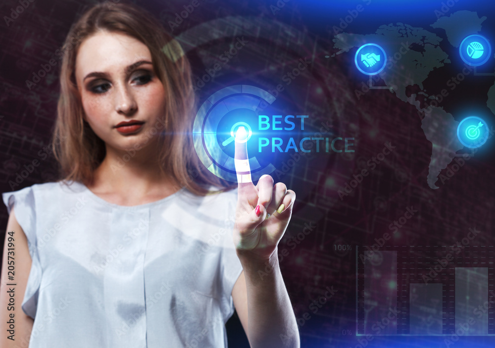 The concept of business, technology, the Internet and the network. A young entrepreneur working on a virtual screen of the future and sees the inscription: Best practice The concept of business, technology, the Internet and the network. A young entrepreneur working on a virtual screen of the future and sees the inscription: Best practice