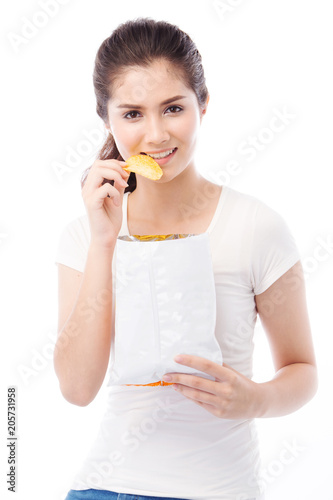 half asian woman eating snack on white background