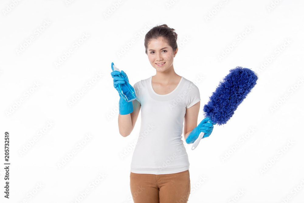 portrait of young maid holding cleaning spray bottle, isolated on white background portrait of young maid holding cleaning spray bottle, isolated on white background