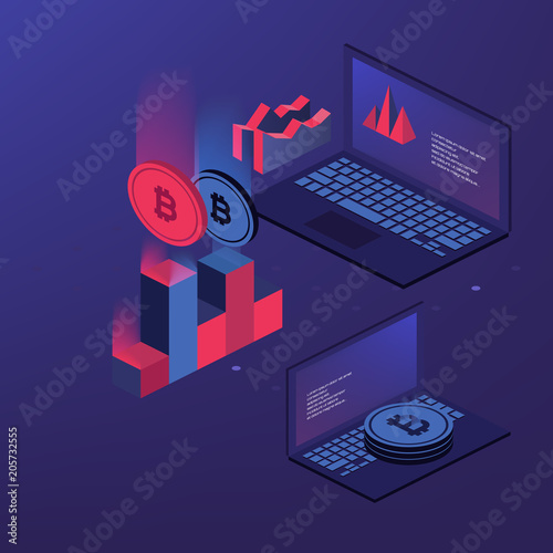 Cryptocurrency and blockchain. Bitcoin mining farm. Creating digital currency. Concept for landing page, web design, banner and presentation. 3d isometric flat design. Vector illustration.