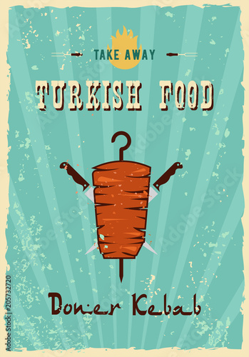 Retro Fast Food Kebab Sandwich Poster Illustration of a design vintage and grunge textured poster, with oriental kebab sandwich specialty, for fast food snack and takeaway menu.