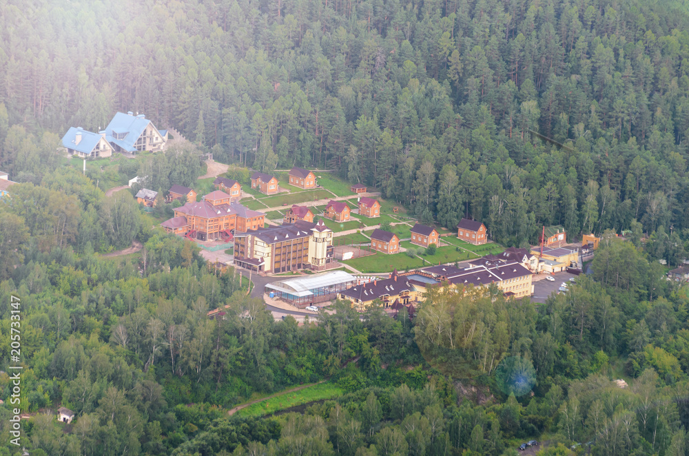 Sanatorium in the mountains in summer, top view