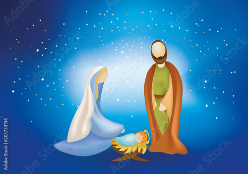 Christmas nativity scene with holy family on blue background