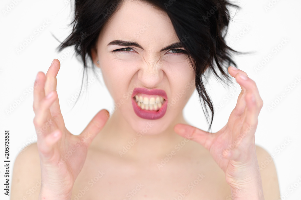 emotion face. enraged infuriated woman baring her teeth. female ready ...