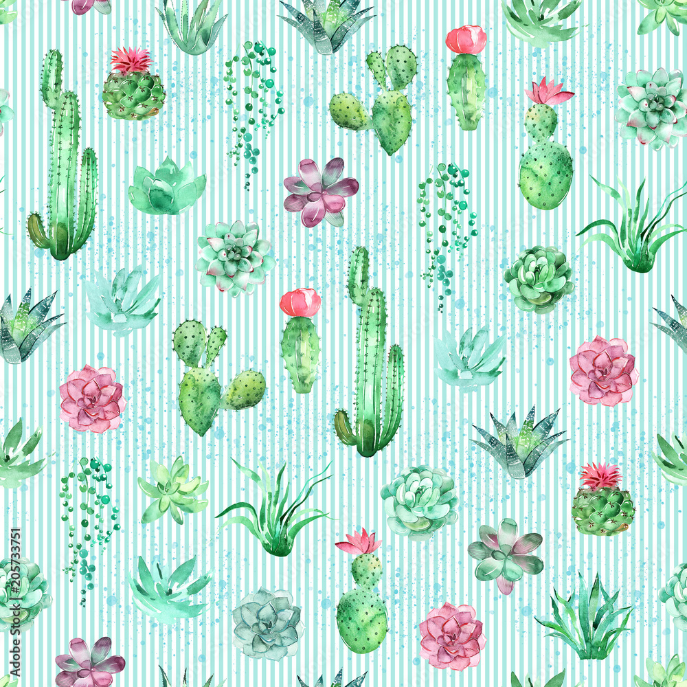 Obraz Watercolor seamless pattern striped background with succulents and cactus