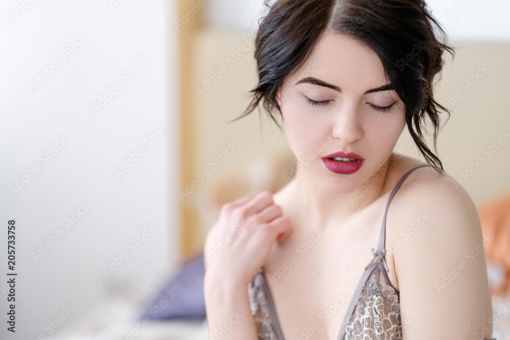 seduction sexual pleasure and delight concept. young sexy playful sensual  hot brunette girl in lingerie in her bedroom Stock Photo | Adobe Stock