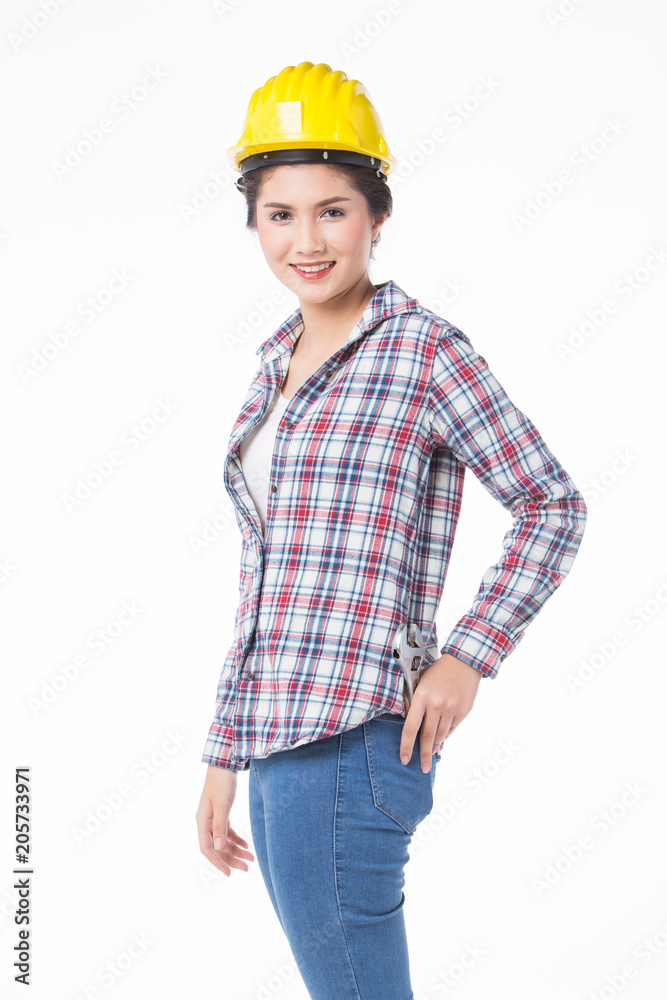 Industrial worker woman . Isolated over white background